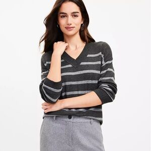 Gray Stripe V-Neck Sweater